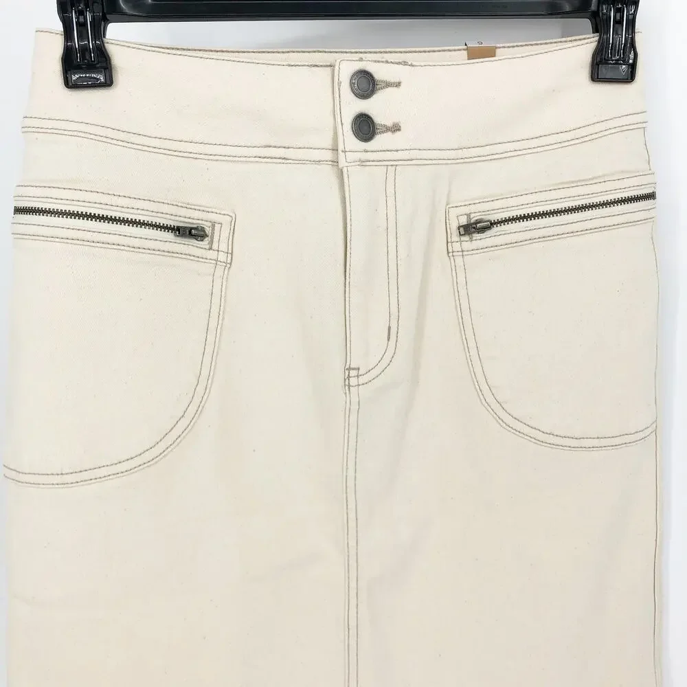 PRANA Womens Broadway Denim Skirt Size 8 Natural Cream Knee Length Stretch NWT
